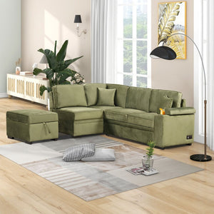 English Elm 84.75" Linen Sectional Sleeper Sofa with Storage Ottoman for Apartment Living SG000550AAF
