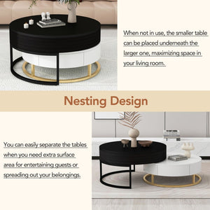 English Elm Modern Round Nesting Coffee Table Set with Lift Top Hydraulic Storage and Gold Pedestal CH307475AAB