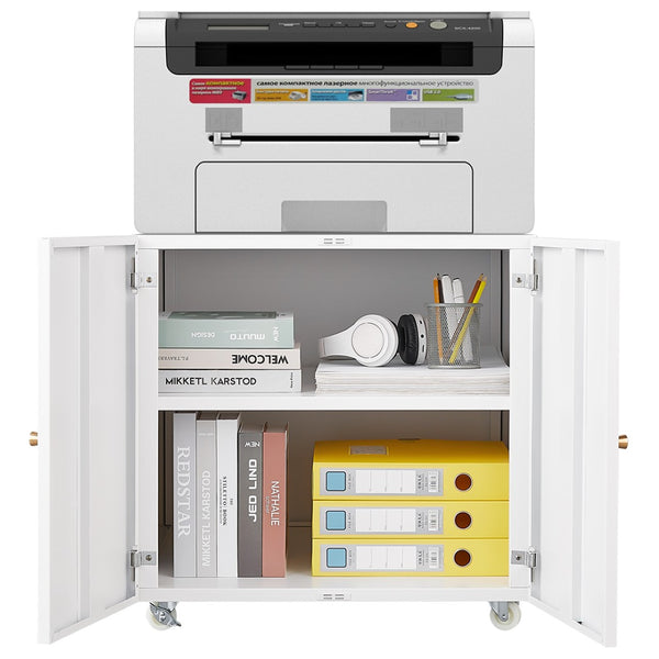 English Elm White Rolling Metal Printer Stand with Locking Wheels Adjustable Shelf Home Office W1247110443