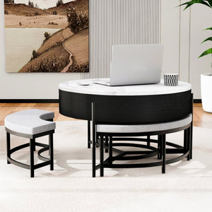 English Elm Modern Round Lift Top Coffee Table with Hidden Storage and Three Nesting Ottomans CH265770AAB