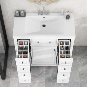 English Elm 36" Modern Bathroom Vanity with Ceramic Sink, Solid Wood & MDF Build, Six Drawers + Cabinet, Durable Finish and Adjustable Shelf for Organized Storage White SY999404AAK-6