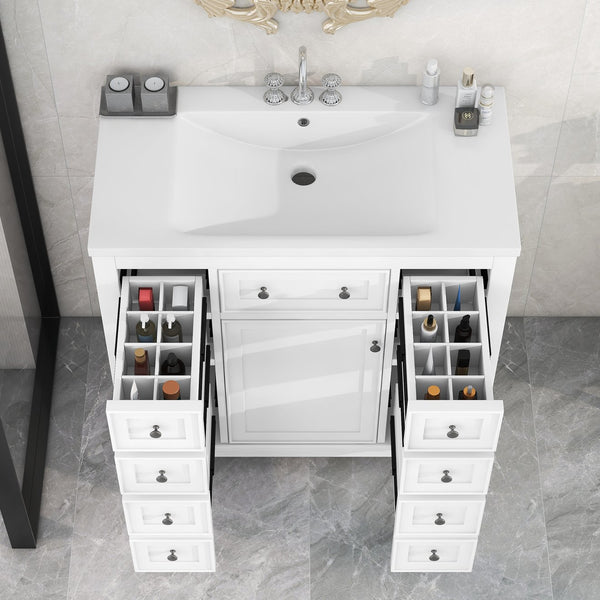 English Elm 36" Modern Bathroom Vanity with Ceramic Sink, Solid Wood & MDF Build, Six Drawers + Cabinet, Durable Finish and Adjustable Shelf for Organized Storage White SY999404AAK-6