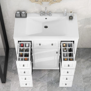 English Elm 36" Bathroom Vanity With Sink Combo, One Cabinet and Six Drawers, Solid Wood and Mdf Board, White