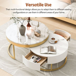 English Elm Modern White Lacquer Round Nesting Tables Gold Pedestal Base Glam Living Room Set N735P386429K