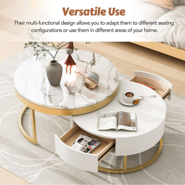 English Elm Modern White Lacquer Round Nesting Tables Gold Pedestal Base Glam Living Room Set N735P386429K