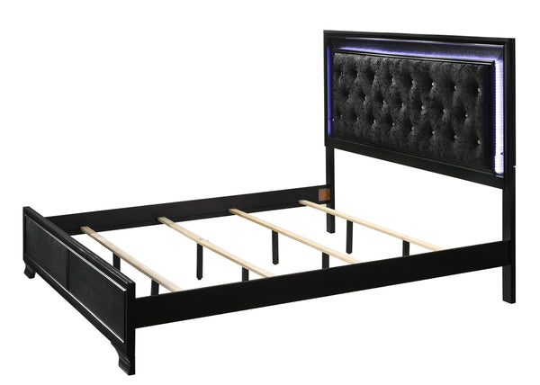 English Elm Modern Upholstered Queen LED Panel Bed with Faux Diamond Tufted Headboard and Glam Accent Lighting Black 82.2 L x 36.3 W x 4.76 H B011S00454