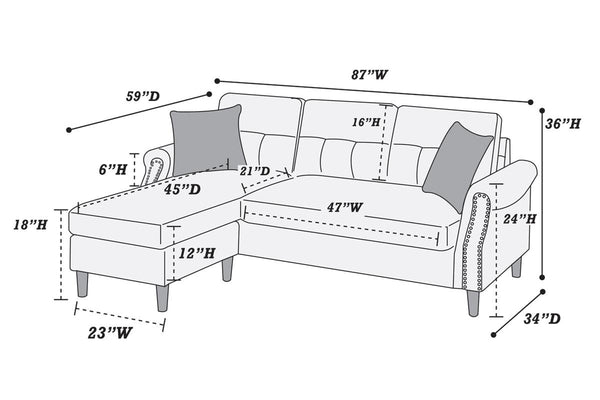 English Elm Slate Reversible Sectional Sofa with Tufted Back, Nailhead Arms, Plush Pillows & Tapered Legs HS00F6447-ID-AHD