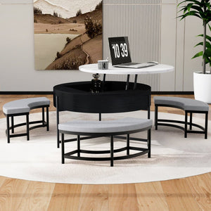 English Elm Modern Round Lift Top Coffee Table with Hidden Storage and Three Nesting Ottomans CH265770AAB