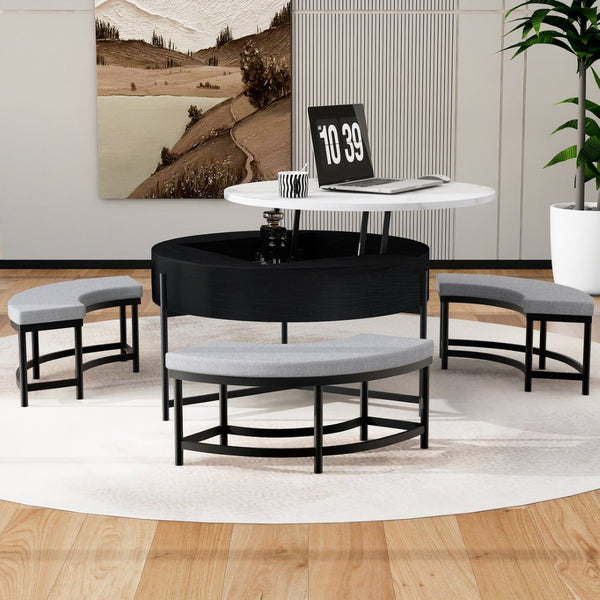 English Elm Modern Round Lift Top Coffee Table with Hidden Storage and Three Nesting Ottomans CH265770AAB