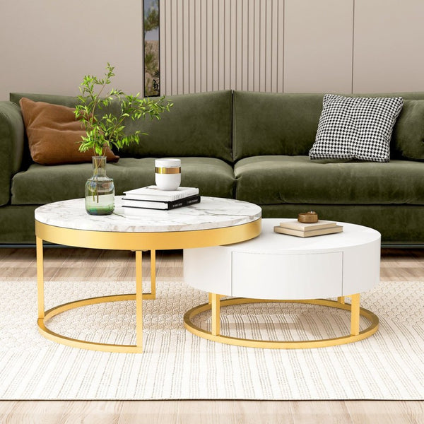 English Elm Modern White Lacquer Round Nesting Tables Gold Pedestal Base Glam Living Room Set N735P386429K