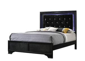 English Elm Modern Upholstered Queen LED Panel Bed with Faux Diamond Tufted Headboard and Glam Accent Lighting Black 66.1 L x 36.3 W x 4.7 H B011S00453