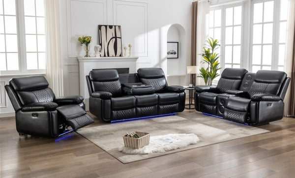 English Elm Zpm046 Power Reclining Sofa Set with Led Lighting Bluetooth Speakers and Usb Console Black W1805S00131