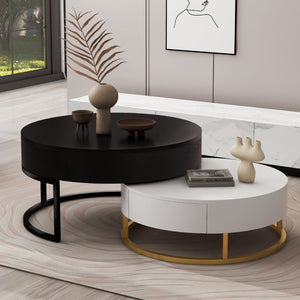 English Elm Modern Round Nesting Coffee Table Set with Lift Top Hydraulic Storage and Gold Pedestal CH307475AAB
