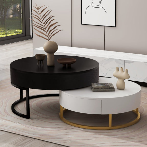 English Elm Modern Round Nesting Coffee Table Set with Lift Top Hydraulic Storage and Gold Pedestal CH307475AAB