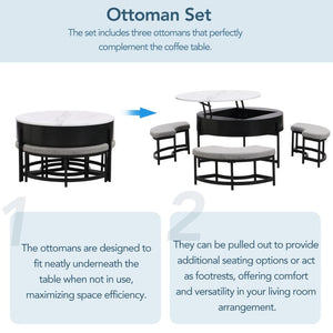 English Elm Modern Round Lift Top Coffee Table with Hidden Storage and Three Nesting Ottomans CH265770AAB