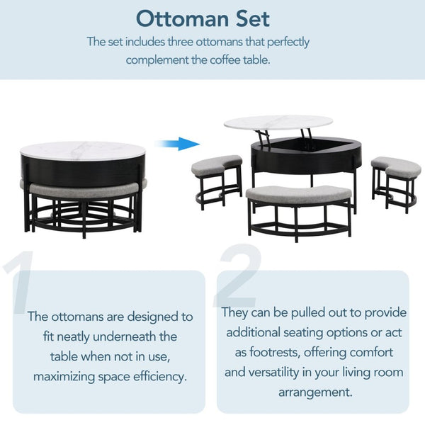 English Elm Modern Round Lift Top Coffee Table with Hidden Storage and Three Nesting Ottomans CH265770AAB