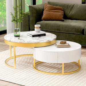 English Elm Modern White Lacquer Round Nesting Tables Gold Pedestal Base Glam Living Room Set N735P386429K
