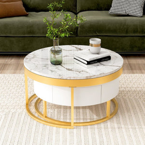 English Elm Modern White Lacquer Round Nesting Tables Gold Pedestal Base Glam Living Room Set N735P386429K