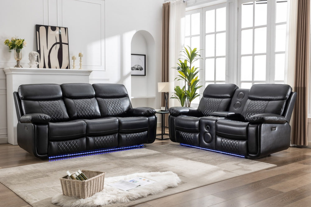 English Elm Zpm046 Power Reclining Sofa Set with Led Lighting Bluetooth Speakers and Usb Console Black W1805S00132