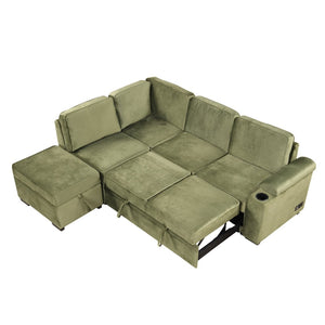 English Elm 84.75" Linen Sectional Sleeper Sofa with Storage Ottoman for Apartment Living SG000550AAF