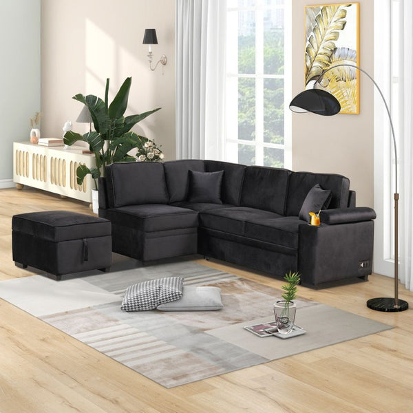 English Elm 84.75" Linen Sectional Sleeper Sofa with Storage Ottoman for Apartment Living SG000550AAB