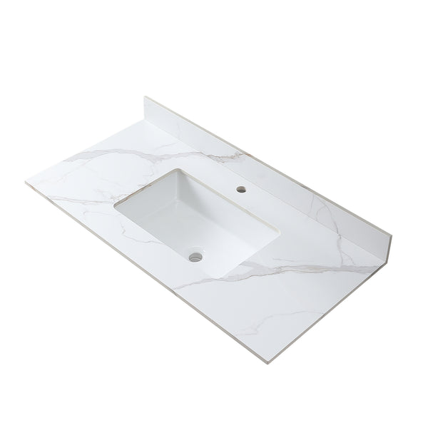 English Elm Montary 43X22 Inch Sintered Stone Vanity Top In Carrara Gold With Pre-Attached Sink & Backsplash W509107290