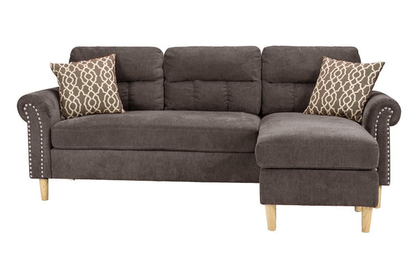 English Elm Tan Reversible Sectional Sofa — Tufted Velvet-Look Linen Polyfiber, Roll Arms, Pillows, Nailhead Trim HS00F6448-ID-AHD