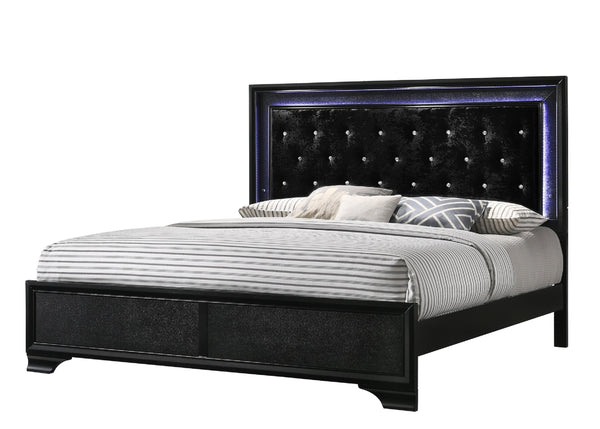 English Elm Modern Upholstered Queen LED Panel Bed with Faux Diamond Tufted Headboard and Glam Accent Lighting Black 82.2 L x 36.3 W x 4.76 H B011S00454