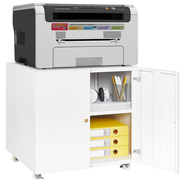 English Elm White Rolling Metal Printer Stand with Locking Wheels Adjustable Shelf Home Office W1247110443
