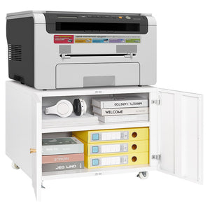 English Elm White Steel Rolling Printer Cabinet with Magnetic Doors and Adjustable Shelf for Home Office W124757932
