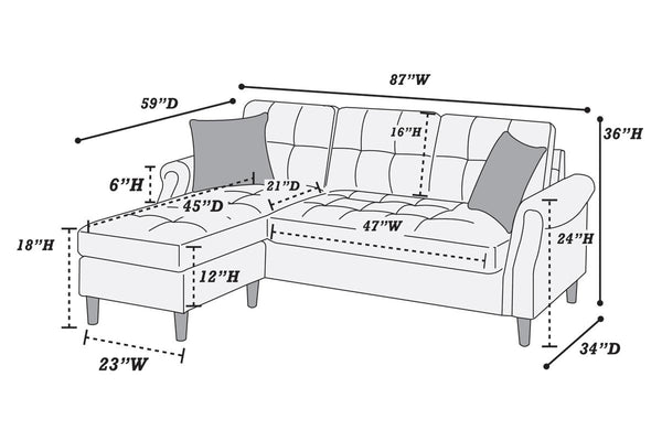 English Elm Living Small Space Reversible Chaise Sectional Sofa with Tufted Linen-Like Upholstery and Rolled Arms Coffee 23 L x 34 W x 87 H HS00F6457-ID-AHD