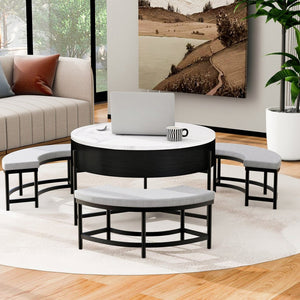 English Elm Modern Round Lift Top Coffee Table with Hidden Storage and Three Nesting Ottomans CH265770AAB