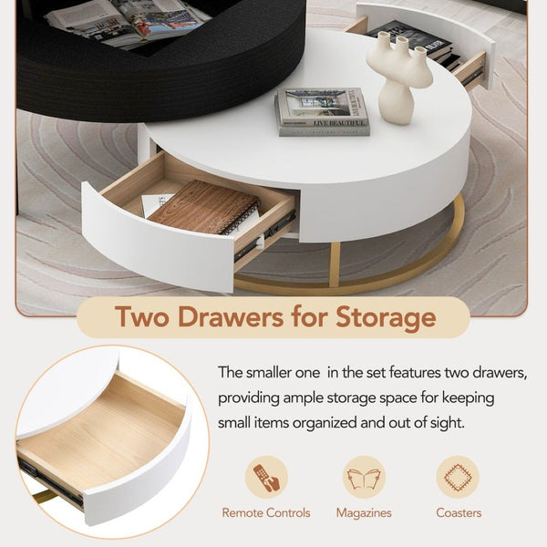 English Elm Modern Round Nesting Coffee Table Set with Lift Top Hydraulic Storage and Gold Pedestal CH307475AAB