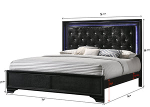 English Elm Modern Upholstered Queen LED Panel Bed with Faux Diamond Tufted Headboard and Glam Accent Lighting Black 82.2 L x 36.3 W x 4.76 H B011S00454