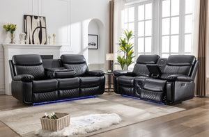 English Elm Zpm046 Power Reclining Sofa Set with Led Lighting Bluetooth Speakers and Usb Console Black W1805S00132