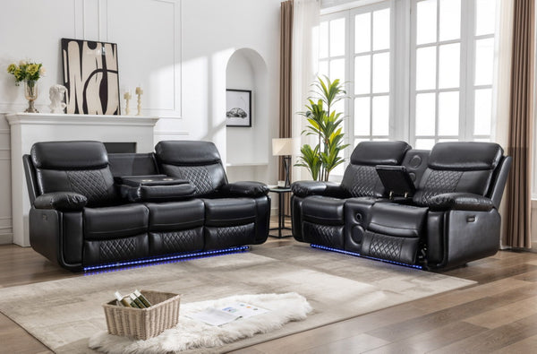 English Elm Zpm046 Power Reclining Sofa Set with Led Lighting Bluetooth Speakers and Usb Console Black W1805S00132