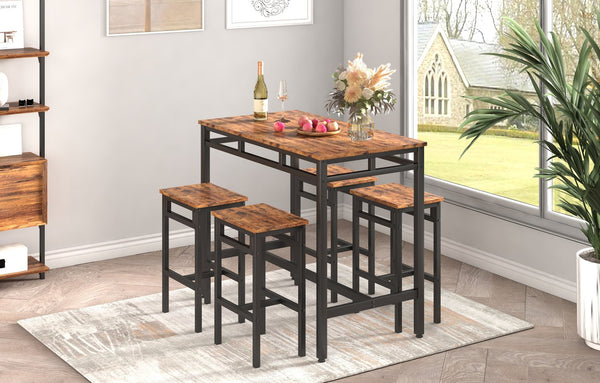 English Elm Bar bar table set 5PC Rustic Brown & Black Industrial High Dining Table with 4 Stools, 350LB Capacity W1162126311