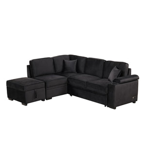 English Elm 84.75" Linen Sectional Sleeper Sofa with Storage Ottoman for Apartment Living SG000550AAB