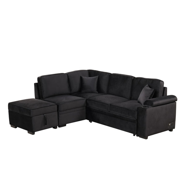 English Elm 84.75" Linen Sectional Sleeper Sofa with Storage Ottoman for Apartment Living SG000550AAB