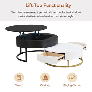English Elm Modern Round Nesting Coffee Table Set with Lift Top Hydraulic Storage and Gold Pedestal CH307475AAB