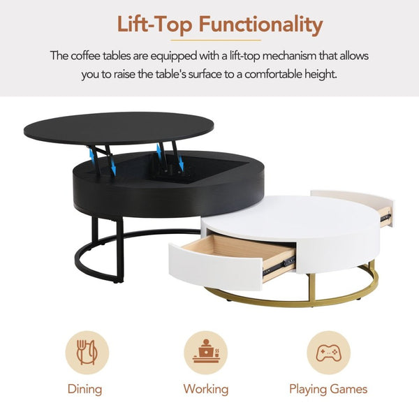 English Elm Modern Round Nesting Coffee Table Set with Lift Top Hydraulic Storage and Gold Pedestal CH307475AAB