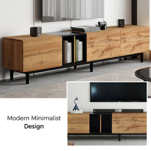 English Elm Modern TV Stand for 80'' TV with 3 Doors – Sleek Media Console, Drop-Down Storage, Durable MDF Design Natural Wood WF302939AAP