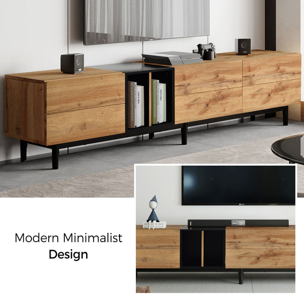 English Elm Modern TV Stand for 80'' TV with 3 Doors – Sleek Media Console, Drop-Down Storage, Durable MDF Design Natural Wood WF302939AAP