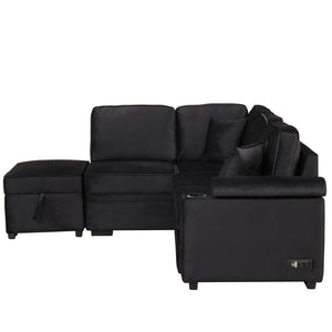 English Elm 84.75" Linen Sectional Sleeper Sofa with Storage Ottoman for Apartment Living SG000550AAB