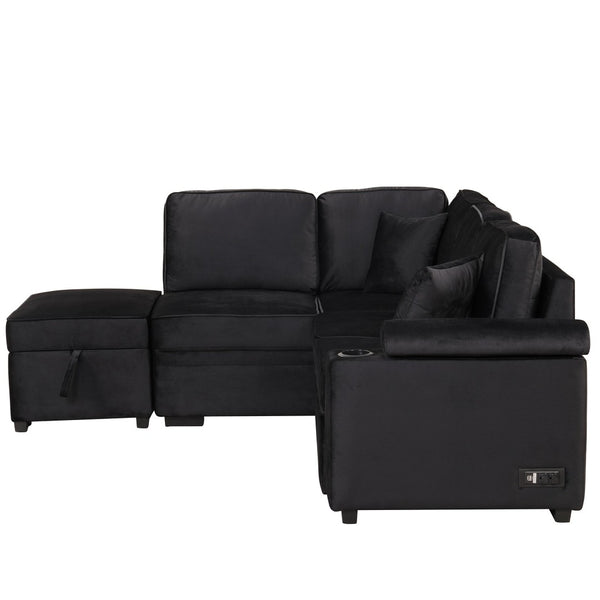 English Elm 84.75" Linen Sectional Sleeper Sofa with Storage Ottoman for Apartment Living SG000550AAB