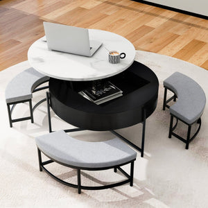 English Elm Modern Round Lift Top Coffee Table with Hidden Storage and Three Nesting Ottomans CH265770AAB