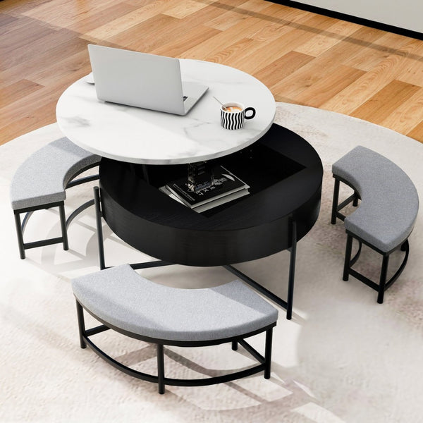 English Elm Modern Round Lift Top Coffee Table with Hidden Storage and Three Nesting Ottomans CH265770AAB