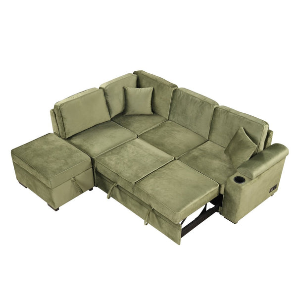 English Elm 84.75" Linen Sectional Sleeper Sofa with Storage Ottoman for Apartment Living SG000550AAF