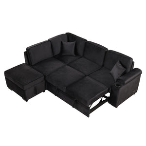 English Elm 84.75" Linen Sectional Sleeper Sofa with Storage Ottoman for Apartment Living SG000550AAB