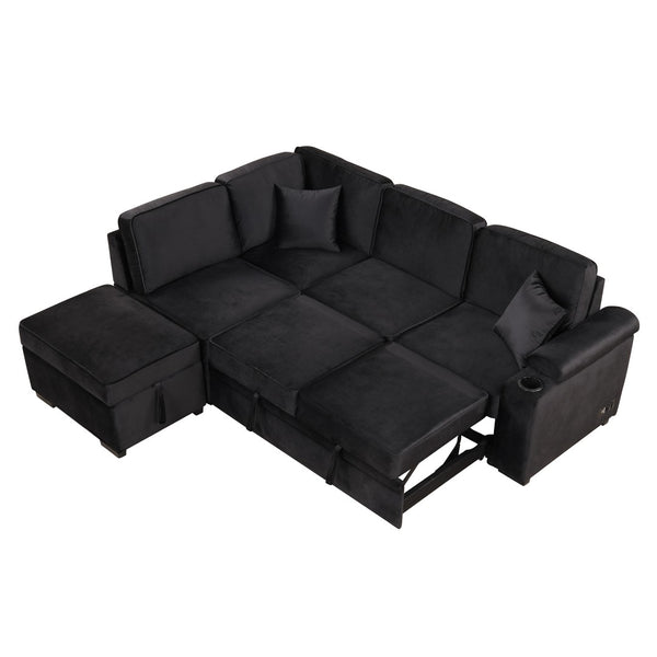 English Elm 84.75" Linen Sectional Sleeper Sofa with Storage Ottoman for Apartment Living SG000550AAB